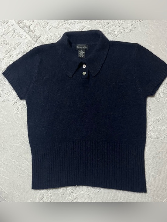 The Limited Sweaters - Limited Navy Short-Sleeve Polo Sweater Angora Rabbit Hair